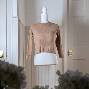 Zara Knitwear Ribbed Knit Cropped Long Sleeve Top Brown